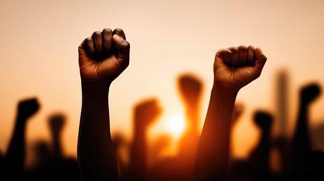 Dramatic silhouette of a protest scene with raised fists against a glowing sunset. Powerful imagery of unity and resistance in a cinematic, photorealistic crowd setting.
