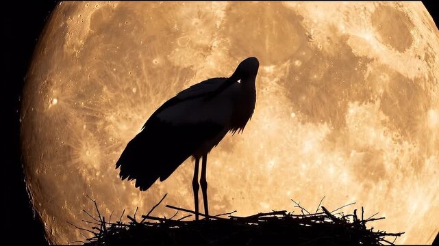 Silhouette of a stork standing in its nest against a huge full moon at night