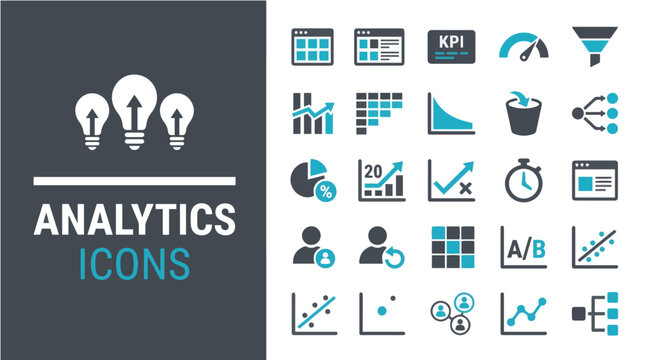 Analytics icons set, web analysis and KPI symbols, data mining and A/B testing vector illustrations, digital marketing graphics for UI design