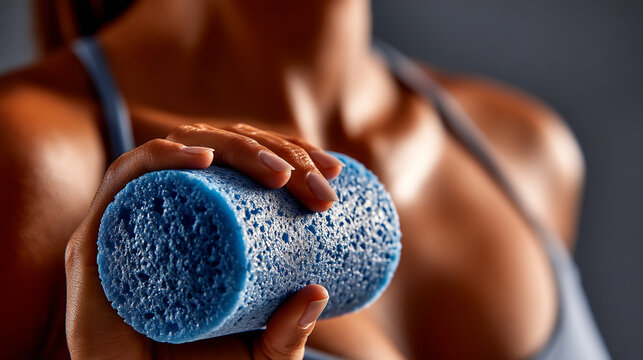 Close up of a female athlete holding a blue foam roller for muscle recovery after a workout