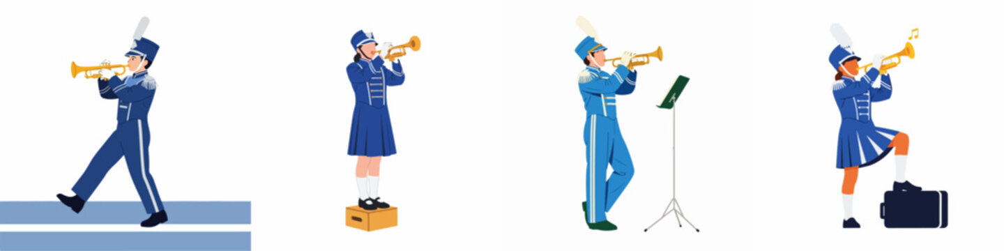 A collection of flat design illustrations featuring marching band trumpet players in blue uniforms, performing in various poses on a white background.