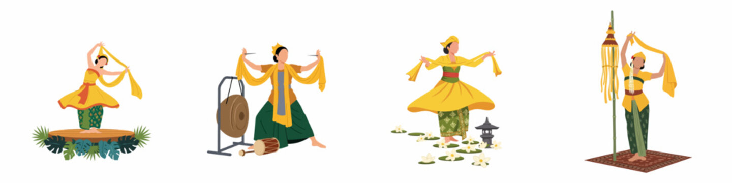 Set of Flat Vector Illustrations of Women Performing Traditional Indonesian Dances in Vibrant Costumes with Cultural Elements