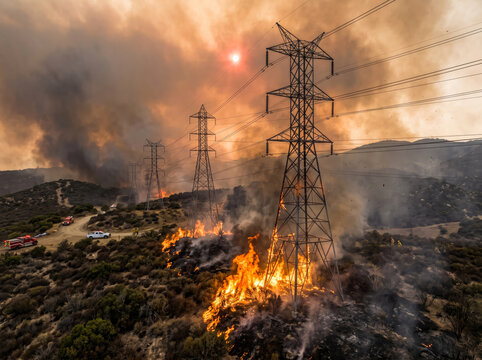 High voltage power lines burning in wildfire. Electrical infrastructure damaged by forest fire.