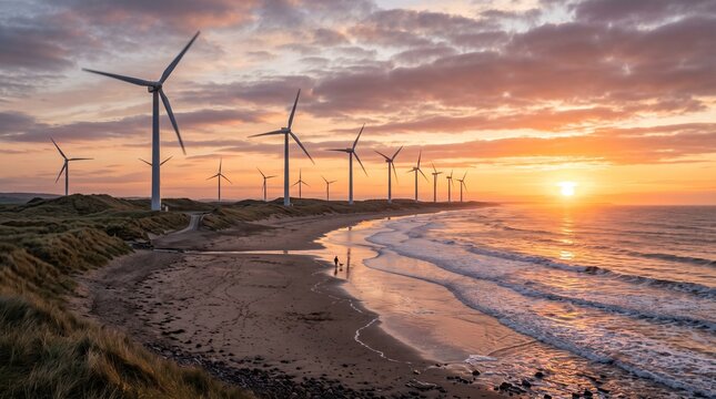 Scenic coastal landscape featuring a row of wind turbines at sunset with a person walking a dog on the beach