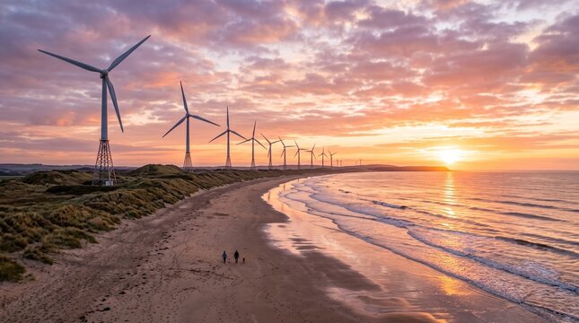 Aerial View of Wind Turbines Along a Sandy Beach at Sunset with People Walking a Dog