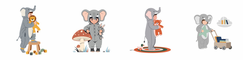 Set of illustrations showing cute toddlers in gray elephant costumes playing with toys, stuffed animals, and books in a nursery setting.