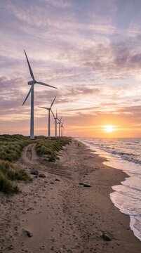 Coastal wind farm with wind turbines on sand dunes at sunset over the ocean