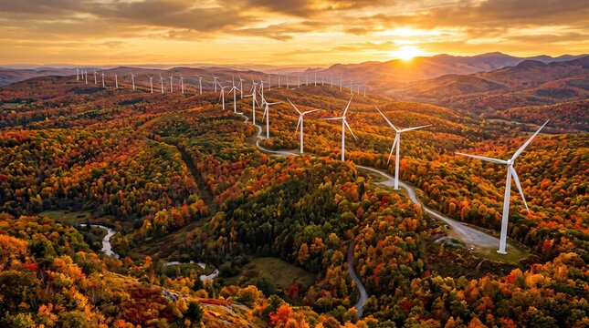 Aerial View of Wind Turbines on a Mountain Ridge During a Vibrant Autumn Sunset