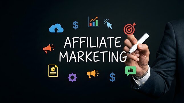 Businessman writing affiliate marketing text on a dark background with various digital business icons and symbols