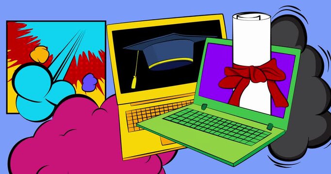 Cartoon Laptop, comic book Notebook with Graduation Cap and Rolled Up Diploma. Retro cartoon comics pop art animation.