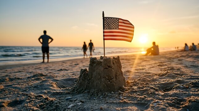 Festive Fourth of July beach scene with small sandcastle and American flag. Patriotism celebration includes national flag on beach near people enjoying summer day. 