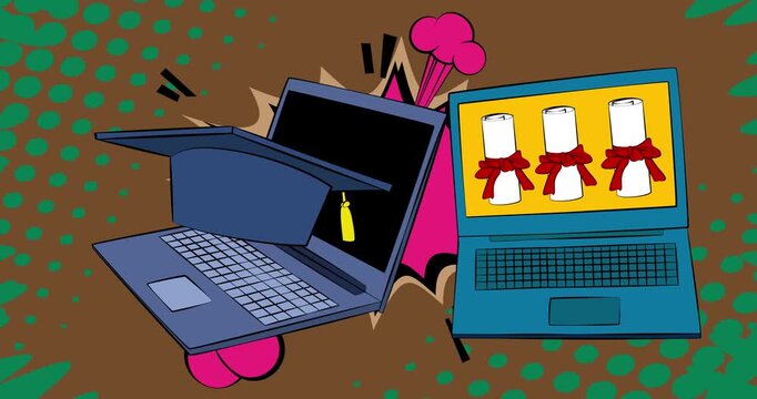Cartoon Laptop, comic book Notebook with Graduation Cap and Rolled Up Diploma. Retro cartoon comics pop art animation.