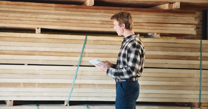 Workshop, inspection and carpenter on tablet for material, quality assurance and check inventory. Carpentry, review and person on tech for woodworking, timber production or evaluation report for wood
