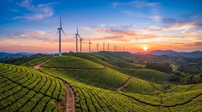 Scenic View of Green Tea Plantation Terraces with Wind Turbines at Sunset