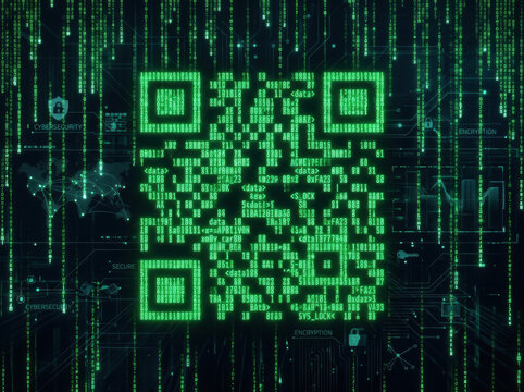 Glowing green digital QR code formed by data binary over a matrix background representing secure cyber encryption, futuristic scanning technology, and digital information systems.