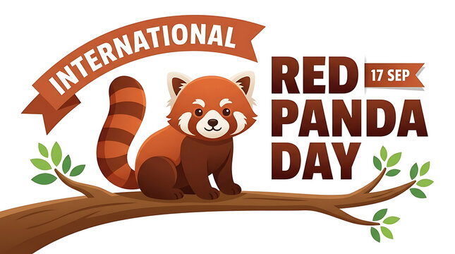 International Red Panda Day banner, cute red panda character on tree branch, wildlife conservation awareness poster for September 17