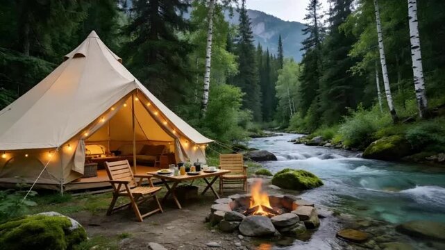 Luxury Riverside Glamping Camp in Lush Evergreen Forest with Crystal Clear Stream and Static Camera