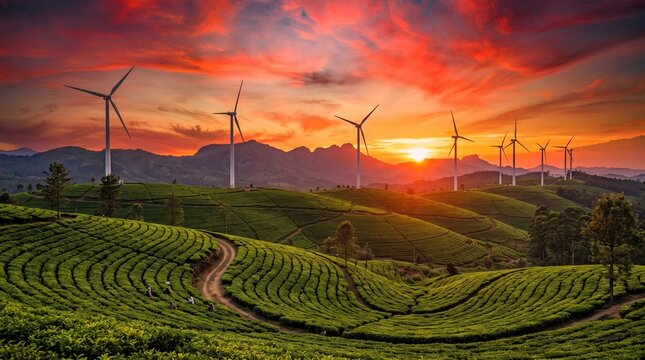 Scenic view of lush green tea plantation with wind turbines against a dramatic fiery sunset sky.
