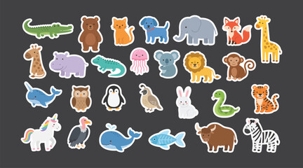 Set of cute cartoon wild animal stickers for kids with wildlife collection illustration elephant crocodile jellyfish graphics children character © Star_Pixels11