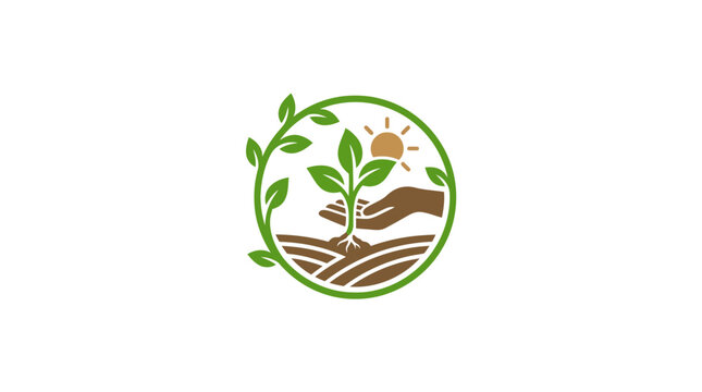 A circular icon showing a hand nurturing a small green plant in the soil