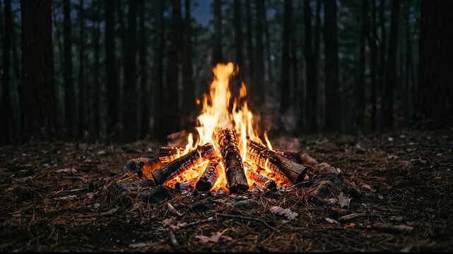 Bright campfire burning in a dark forest at night.