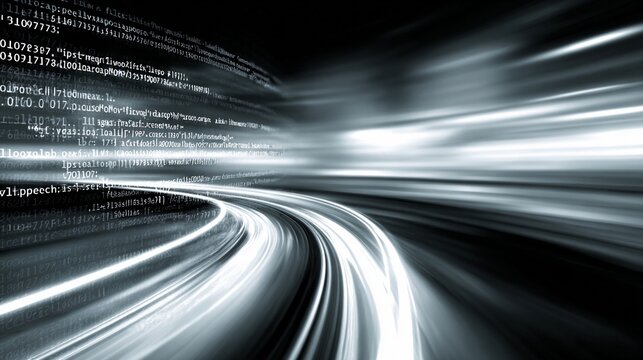 Abstract digital rain composed of flowing lines of code and data streams on a dark, futuristic background