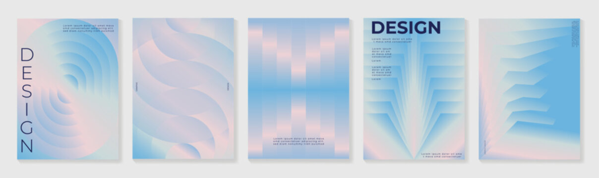 Abstract gradient poster background vector set. Modern cover templates with colorful geometric line patterns, fluid color shapes and optical illusion design for social media, banner and wallpaper.