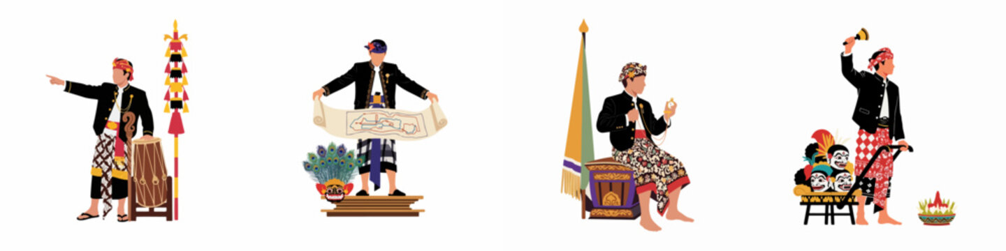 Illustration set featuring four Balinese men in traditional attire, performing various cultural activities with ceremonial objects like masks, drums, and scrolls.