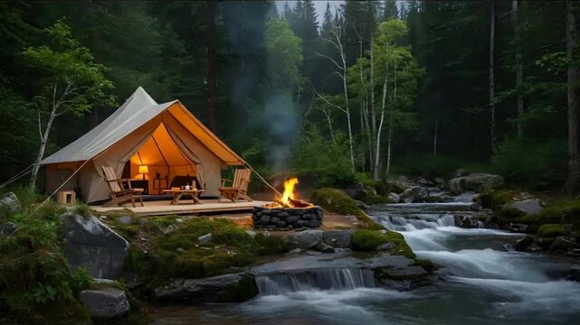 Luxury Riverside Glamping Camp in Lush Evergreen Forest with Crystal Clear Stream and Static Camera