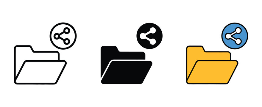 Shared Folder Icons Featuring File Distribution, Cloud Network, Document Exchange, Data Sharing, and Collaboration Symbols for Editable Vector Illustration