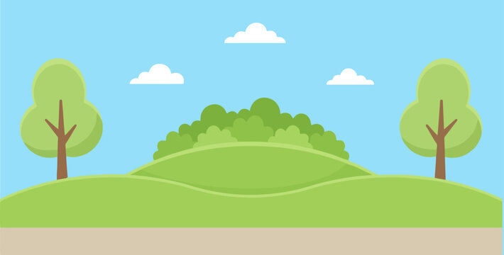 Flat vector illustration of a peaceful green park with trees and blue sky on a sunny day Vector