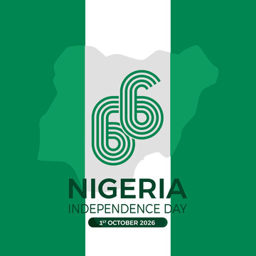 Modern vector illustration celebrating the 66th Nigeria Independence Day on 1 October 2026 with the national flag, country map, and anniversary typography.