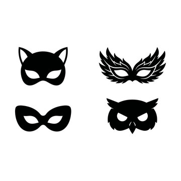Set of four black carnival masks including cat owl and winged designs for parties and masquerades Vector