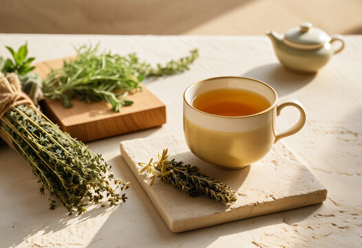 A cup of herbal tea alongside sprigs of dried herbs and a teapot. Suitable for a website banner or social media post promoting relaxation.