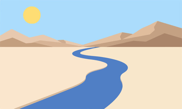 A flat vector illustration of a winding blue river flowing through a sunny desert landscape Vector
