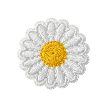 Embroidered daisy flower patch with yellow center, isolated on transparent background