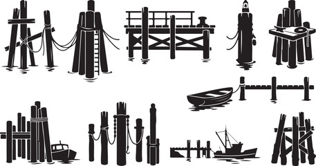 Black and white offshore oil rigs and fishing equipment illustration © RUMA AKTHER