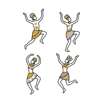 Set of four hand drawn tribal women dancing in traditional outfits with colorful patterns Vector