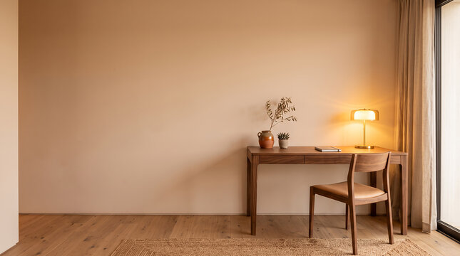 Cozy home office corner with walnut console desk at dusk