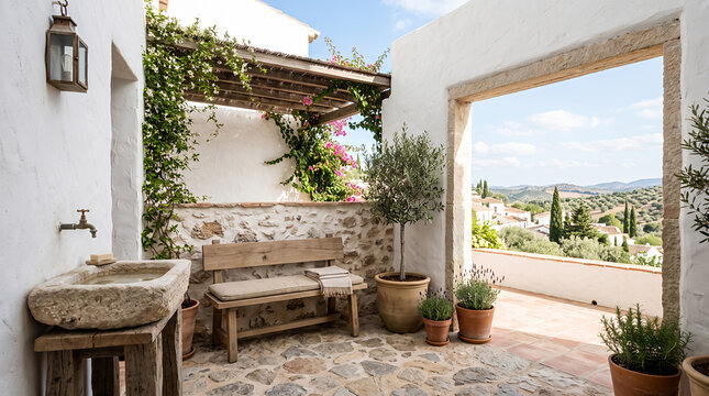 Rustic whitewashed terrace with stone sink and countryside village view