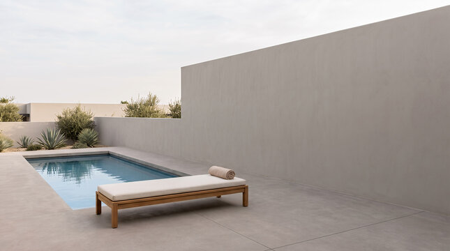 Minimalist plunge pool with lounger beside a desert garden courtyard