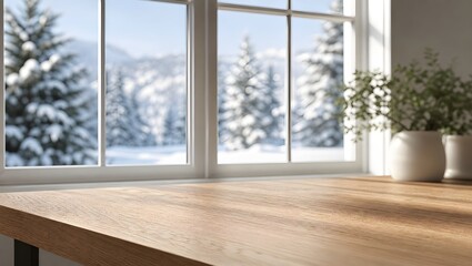 Fototapeta premium Empty Wooden Table Top with Blurred Winter Forest View Through a Bright Sunny Window