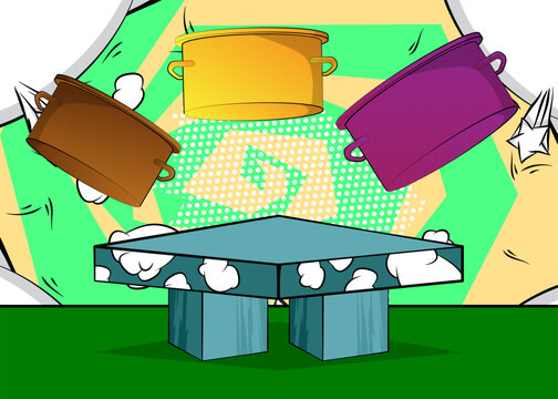 Comic Book Product podium stage for mockup presentation with Kitchen Pot. Retro comics background.