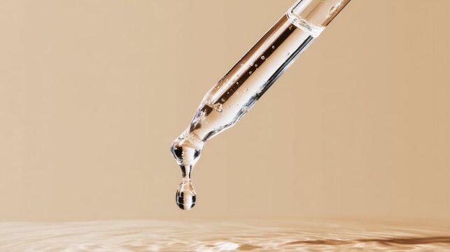 Clear glass pipette dispensing a drop of cosmetic serum, skincare product, transparent liquid, laboratory research, cosmetic science, beauty formulation, pharmaceutical testing, clinical research, and