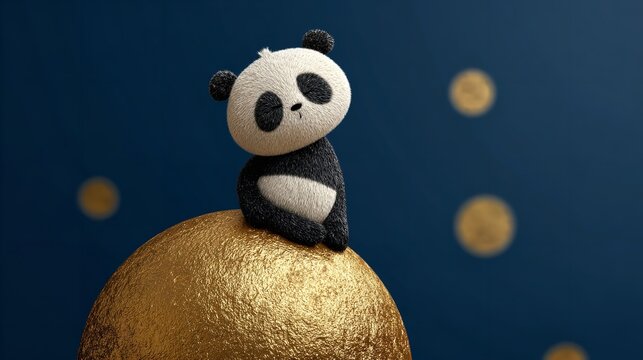 Cute cartoon panda sitting on a golden sphere against a dark blue background