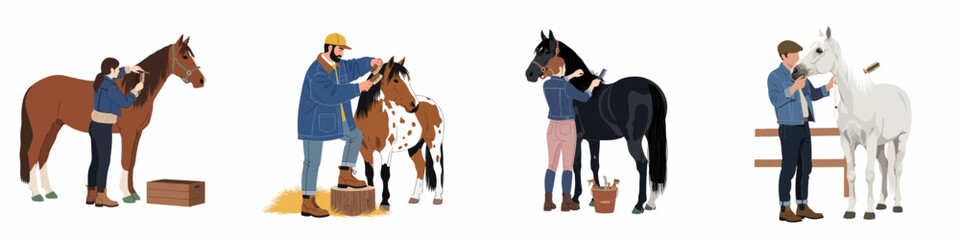 Flat vector illustration set of people grooming and caring for various horses, including brushing manes and coats in a farm or stable setting. © Muqodimatul