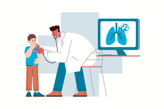 Pediatrician performs diagnosis of child's lungs. Pulmonologist conducts auscultation, computer screen shows lungs with bacterial infection. Illustration character