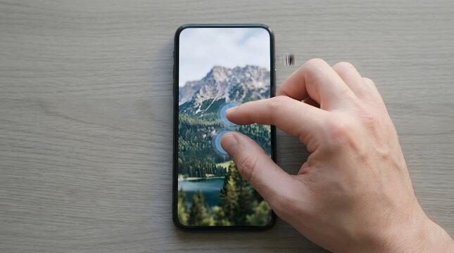 Hand tapping smartphone screen with scenic wallpaper, representing mobile interaction, app usage, and everyday digital communication.