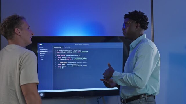 Male programmer explains and documents code concepts to colleague, demonstrating clear coding documentation and knowledge transfer for team comprehension.