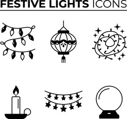 Fototapeta premium Festive lights icons, including string lights, lanterns, candles, and star garlands